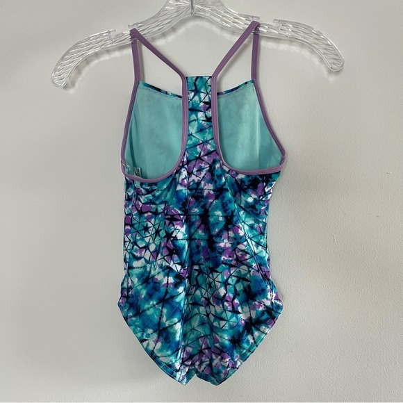 Speedo Girls Thin Strap One Piece Swimsuit Aqua/Purple Silicone Grippers Sz Med - Picture 10 of 10